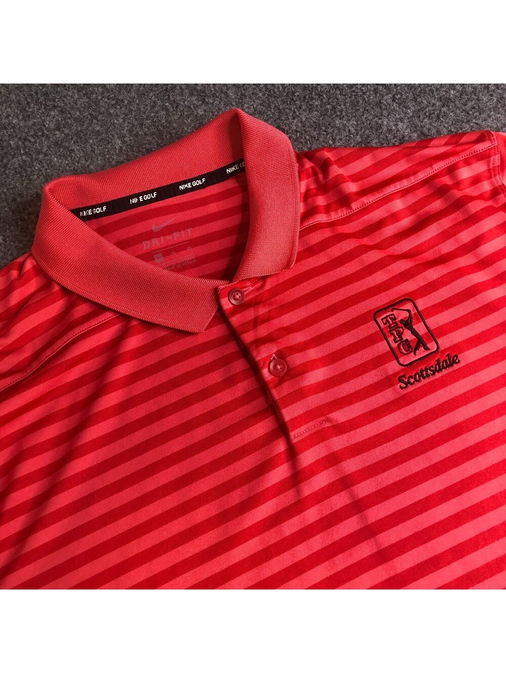 Nike Polo Shirt Mens XL Red Striped TPC Scottsdale Golf Logo Patch PGA
